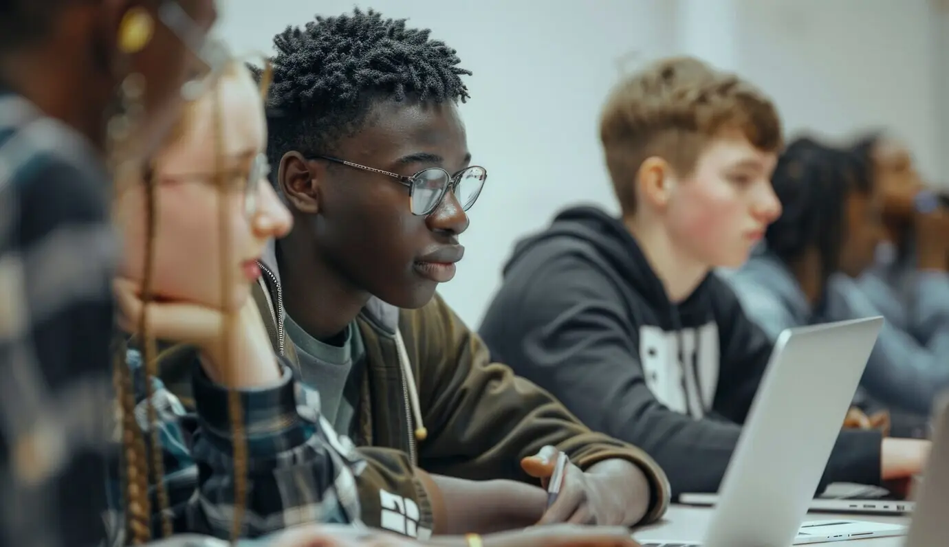 Eine Gruppe vielfältiger Teenager und junger Menschen, die gemeinsam Aktivitäten unternehmen und den Welttag der Jugendkompetenzen feiern.